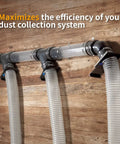 4 Inch Blast Gate With Dust Control Flex Cuff For Dust Collector And Shop Vacuum Fittings Includes Flexible Coupler And Steel Clamps Easy Install For Clean Airflow In Your Workshop installed on wall with hoses