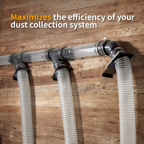 4 Inch Blast Gate With Dust Control Flex Cuff For Dust Collector And Shop Vacuum Fittings Includes Flexible Coupler And Steel Clamps Easy Install For Clean Airflow In Your Workshop installed on wall with hoses
