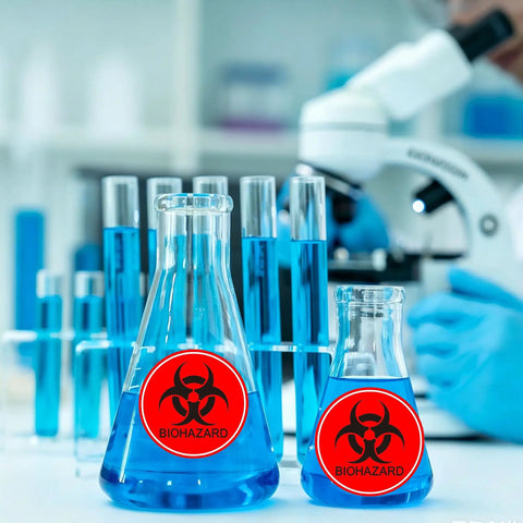 Top Notch 2 Inch Biohazard Warning Stickers With No Sweat Waterproof Coating And Ultra Conspicuous Vinyl Material for lab glassware.