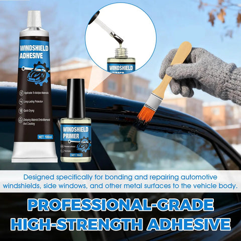 Polyurethane Windshield Adhesive and Primer Kit for Quick Curing Weather Resistant Bonding on Vertical and Overhead Auto Glass High Strength Car Window Sealant for Repairs and Secure Installations displayed with application tools.