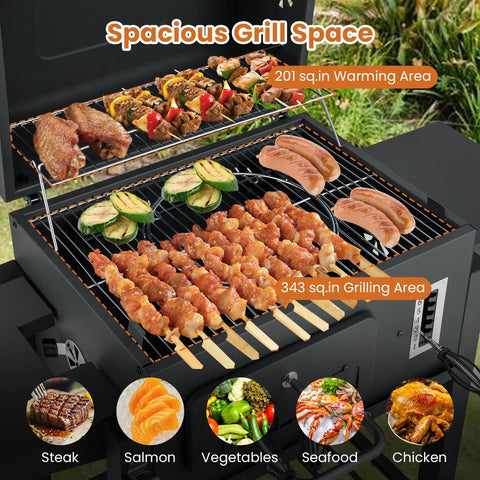 Barrel Charcoal Grill With Side Tables And Wheels, 544 Sq In Total Cooking Space, Portable Outdoor BBQ On Wheels, open grill view