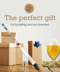 Hydrometer For Home Brew Beer Wine Mead And Kombucha Deluxe Triple Scale Set with gifts and beer glass on table