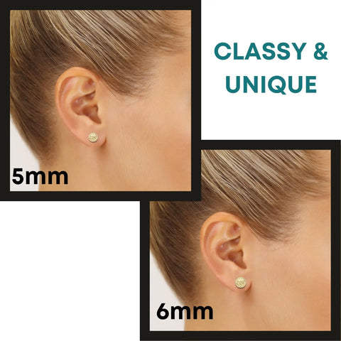 Six Millimeter 14K Yellow Gold Diamond Cut Ball Stud Earrings With Hand Engraved Detailing And Secure Push Backs Dope Quality Gift Box Included Ready For Everyday Wear And Special Occasions 6mm stud shown on ear