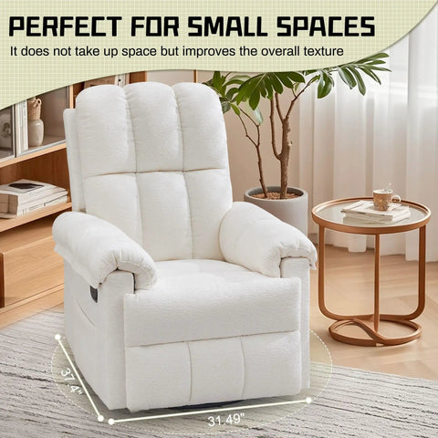 Beige Chenille Swivel Rocker Recliner For Adults In Small Spaces in living room near plant and table