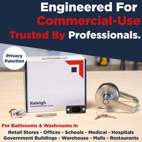 Built Tough Privacy Door Lever for Commercial Bathrooms, Grade 2 Restroom Lock, nickel chrome finish, ADA compliant, box view