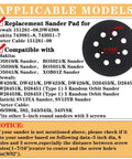 Compatibility chart for Four Pack 5 Inch 8 Hole Sander Pads With Hook And Loop Backing Plates and illustrated sander pad dimensions.