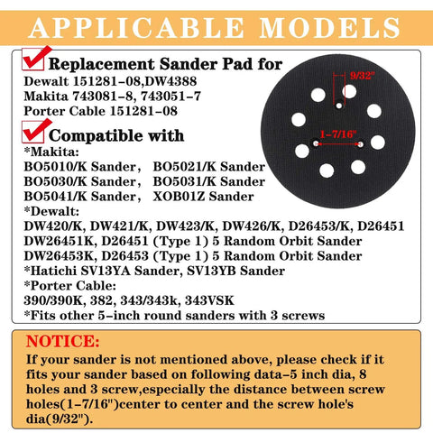 Compatibility chart for Four Pack 5 Inch 8 Hole Sander Pads With Hook And Loop Backing Plates and illustrated sander pad dimensions.