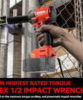 Beast Mode Cordless Impact Wrench 1/2 Inch Brushless Motor delivering torque on metal with hand grip visible.