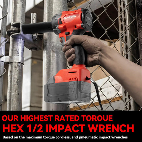 Beast Mode Cordless Impact Wrench 1/2 Inch Brushless Motor delivering torque on metal with hand grip visible.