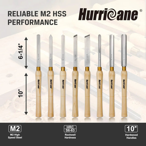 Eight Piece Wood Lathe Chisel Set With M2 HSS Blades And Ten Inch Solid Hardwood Handles displayed vertically with dimensions