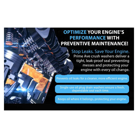 Graphic showing engine performance benefits of 12mm Aluminum Oil Drain Plug Washers Pack Of 10 - Leak-Proof Gasket Seals.