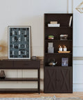 Industrial Bookshelf With Doors, 6 Tier Floor Standing Bookcase, heavy duty display shelf with decor items in living room.