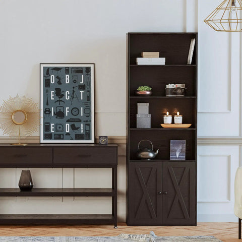 Industrial Bookshelf With Doors, 6 Tier Floor Standing Bookcase, heavy duty display shelf with decor items in living room.