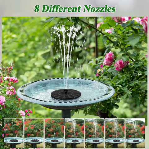 Cool Solar Powered 100 Percent Glass Covered Outdoor Fountain with 8 Nozzles in garden bird bath spraying water up to 20 inches on sunny day