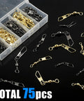 75 Piece Rolling Barrel Swivel Kit With Safety Snap For High Strength Fishing Line Connectors And Tackle, Saltwater Ready Stainless Steel Copper Build, 360 Degree Spin, Durable Gear For Freshwater And Saltwater Fishing. 75-piece swivel kit in black and gold