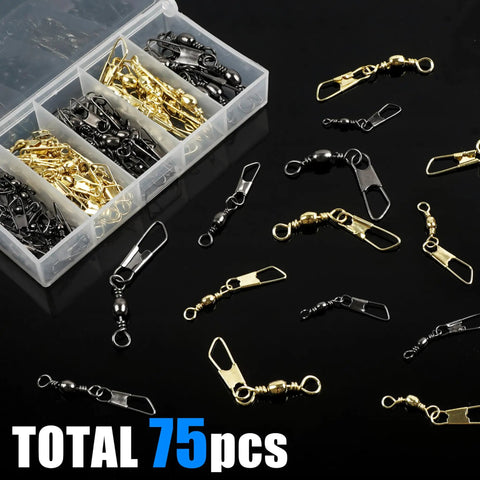 75 Piece Rolling Barrel Swivel Kit With Safety Snap For High Strength Fishing Line Connectors And Tackle, Saltwater Ready Stainless Steel Copper Build, 360 Degree Spin, Durable Gear For Freshwater And Saltwater Fishing. 75-piece swivel kit in black and gold