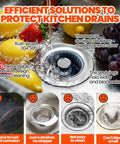 Image of Three In One Sink Stopper And Strainer Set in stainless steel, highlighting anti clog basket and pop up cover in a kitchen sink.
