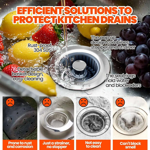 Image of Three In One Sink Stopper And Strainer Set in stainless steel, highlighting anti clog basket and pop up cover in a kitchen sink.