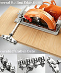 12 Inch Circular Saw Guide With Smooth Roller Rail And Adjustable Rip Fence For Dead Straight Cuts showing accurate cuts on wood.