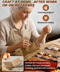 Woman using Leather Working Tools Kit Max Version With Custom Handbag Cutting Mats Engraving Punching Sewing Stamping Sanding Tools