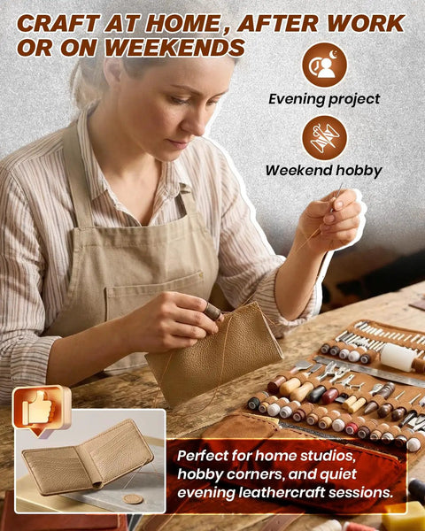 Woman using Leather Working Tools Kit Max Version With Custom Handbag Cutting Mats Engraving Punching Sewing Stamping Sanding Tools