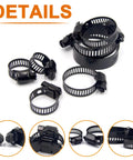 60 Piece Stainless Steel Adjustable Hose Clamp Kit 6-38mm Range Worm Gear Clamps, Black finish, close-up details.