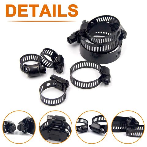 60 Piece Stainless Steel Adjustable Hose Clamp Kit 6-38mm Range Worm Gear Clamps, Black finish, close-up details.