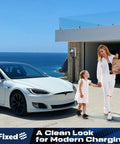 Universal EV Charger Pedestal Featuring Heavy Duty Steel Frame And Sleek Internal Wire Routing For Hassle Free Driveway Placement with white electric car and family.