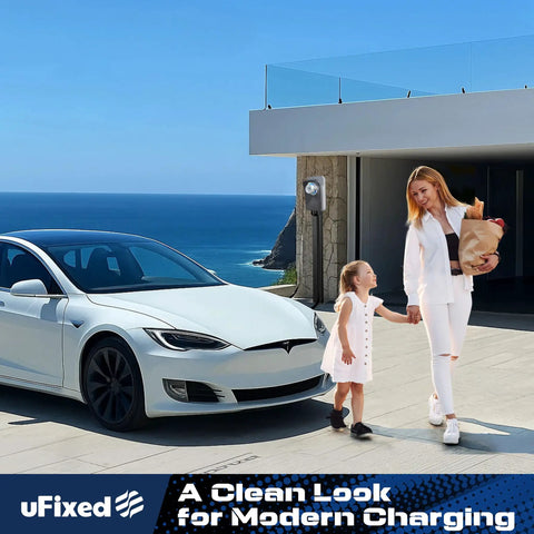 Universal EV Charger Pedestal Featuring Heavy Duty Steel Frame And Sleek Internal Wire Routing For Hassle Free Driveway Placement with white electric car and family.