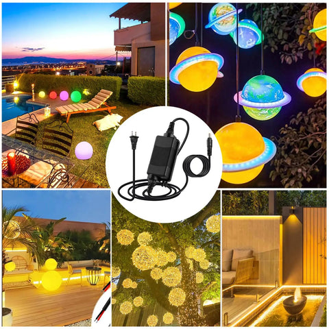 Beefy 12V 2A IP67 Waterproof DC Power Adapter With 5.5x2.5mm Plug, UL Certified, Wide 100-240V AC Input, Rugged Outdoor Ready Power Supply For LED Strips, Cameras, And Electronics, DIY Friendly, Waterproof Build For Tough Environments. Black AC adapter shown with outdoor LED garden lights