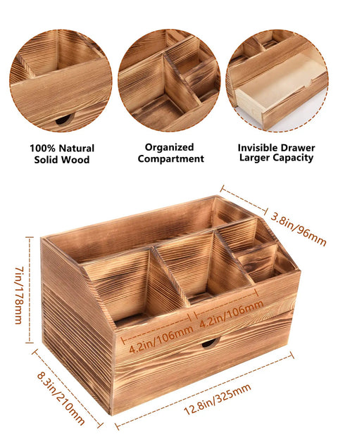 Rustic wooden coffee station organizer with pod drawer, tea bag holder, and compartments for countertop use, natural wood finish.