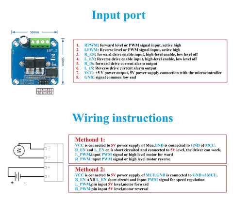 Wiring diagram and input ports for Beefy Dual H Bridge DC Motor Driver Module For Arduino with BTS7960 Chip 43A
