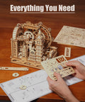 London Themed 3D Wooden Marble Run Puzzle for Adults, 431 Piece DIY Construction Kit With Movable Double Decker Bus And Big Ben, Brain Teaser Gift for Teens And Adults. Wooden puzzle parts and instructions laid out on table