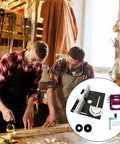 Prime Time Aluminum Router Lift System With Insert Plate For 65Mm Motors shown in a woodworking shop with two craftsmen.