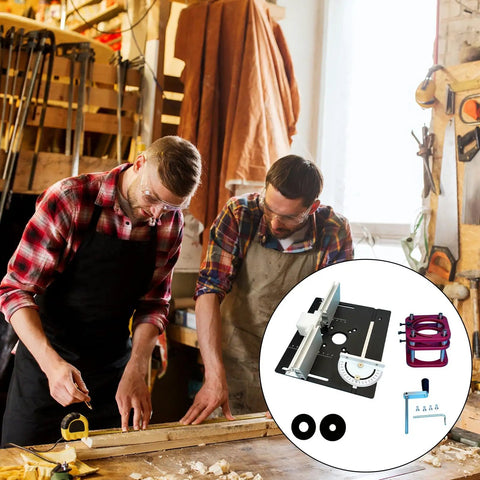 Prime Time Aluminum Router Lift System With Insert Plate For 65Mm Motors shown in a woodworking shop with two craftsmen.
