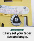 Slick Microdial Tapering Jig For Hella Precise Table Saw And Band Saw Angles With Smooth Adjustments For Nailing Woodshop Cuts And Leveling Up Your DIY Craftsmanship Game showing adjustable taper scale.