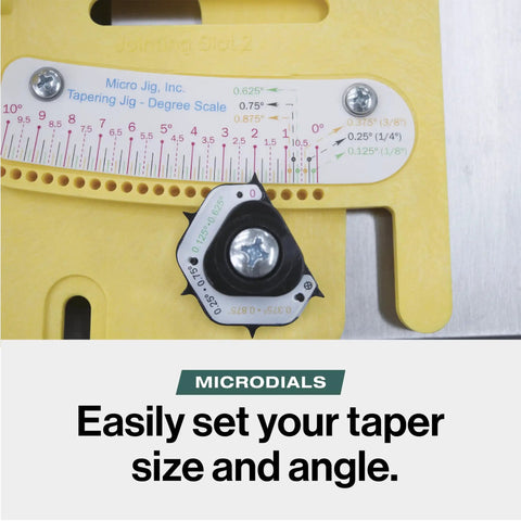 Slick Microdial Tapering Jig For Hella Precise Table Saw And Band Saw Angles With Smooth Adjustments For Nailing Woodshop Cuts And Leveling Up Your DIY Craftsmanship Game showing adjustable taper scale.