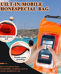 Hands holding IP68 Waterproof Roll Top Dry Bag 2L With Phone Pouch For Kayaking Boating And Camping, showing phone use in water.