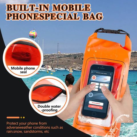 Hands holding IP68 Waterproof Roll Top Dry Bag 2L With Phone Pouch For Kayaking Boating And Camping, showing phone use in water.