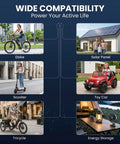 Wide compatibility image featuring eBike, scooter, tricycle, toy car, solar panel, and energy storage solutions.