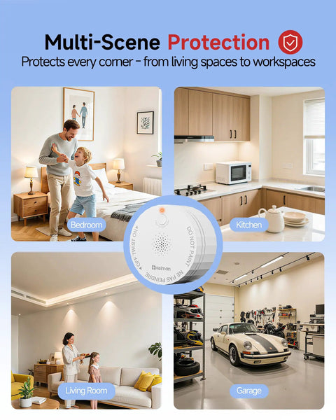 Photoelectric Battery Operated Smoke Alarm For Home, UL 217 10th Edition Certified, Red Dot Award Winning Smoke Detector With Low Profile Design, So Easy To Install, Keeping Your Family Safe In A Modern Pad shown in bedroom, kitchen, living room, garage