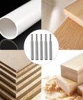 5 Pack 1/8 Inch End Mill Cutter With 1/4 Inch Shank displayed with wood, aluminum, and MDF samples