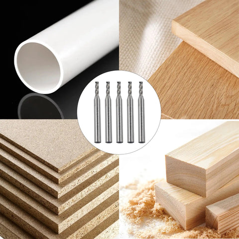 5 Pack 1/8 Inch End Mill Cutter With 1/4 Inch Shank displayed with wood, aluminum, and MDF samples