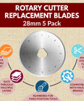 28mm Rotary Cutter Replacement Blades Set With 5 Tungsten Steel Blades For Thick Fabric Leather Felt And Vinyl Razor Sharp Durable Spare Blades Compatible With Fiskars Olfa Clover And More, shown in packaging with features highlighted.