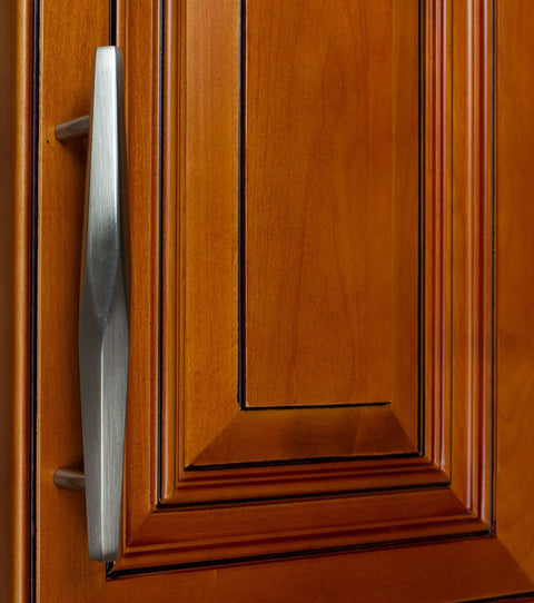 5 Inch Solid Faceted Bar Cabinet Pull Handle in Satin Nickel Finish on wooden cabinet