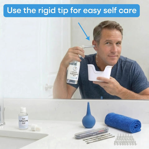Person using All In One Ear Wax Removal Kit For Home Use For Adults And Kids With Basin Bulb Syringe Four Piece Curette Set.