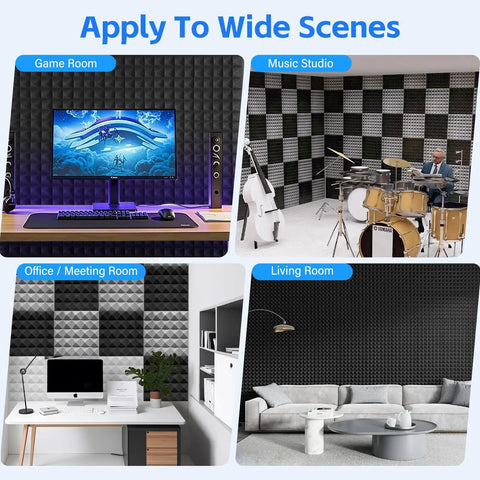 DIY Friendly Black Acoustic Foam Panels Twelve Inch Peel And Stick Sound Dampening Tiles Two Inch Thick in game, studio, office, and living spaces.