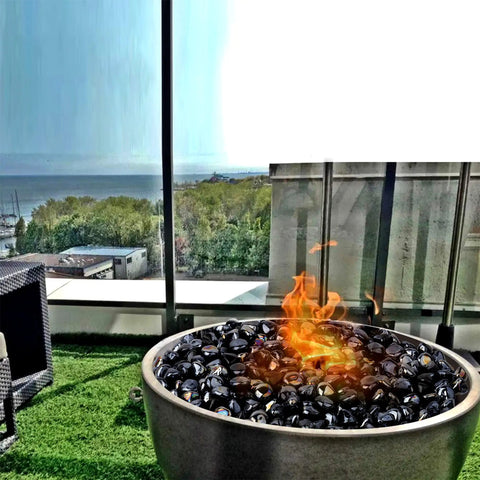 Outdoor fire pit with Diamond Fire Glass 10 Lbs 1 Inch High Luster Pro Grade Reflective Fire Pit Glass Rocks for propane and natural gas.