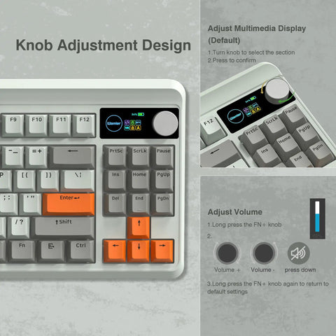 Top view of 75 Percent Mechanical Keyboard With Tri Mode Wireless Connection And Interactive TFT Display with knob adjustment design.