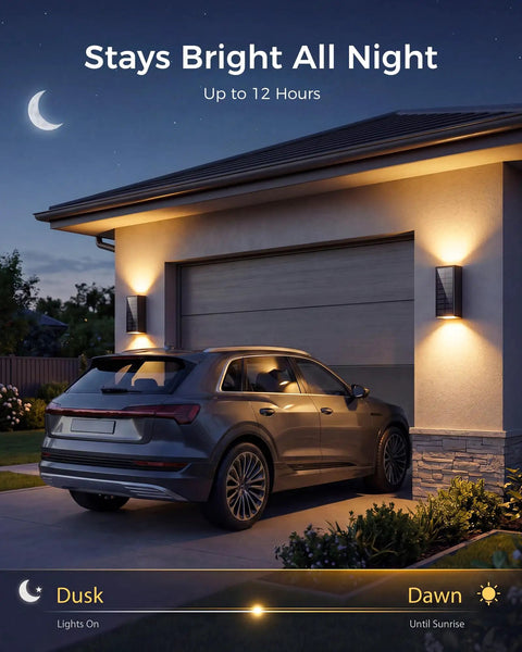 Rugged As Nails 2 Pack Solar Wall Lights Outdoor IP65 Waterproof, Dusk To Dawn Up Down Sconce, USB C Backup Charge, 3 CCT Dimmable LED exterior accent mounted beside garage.